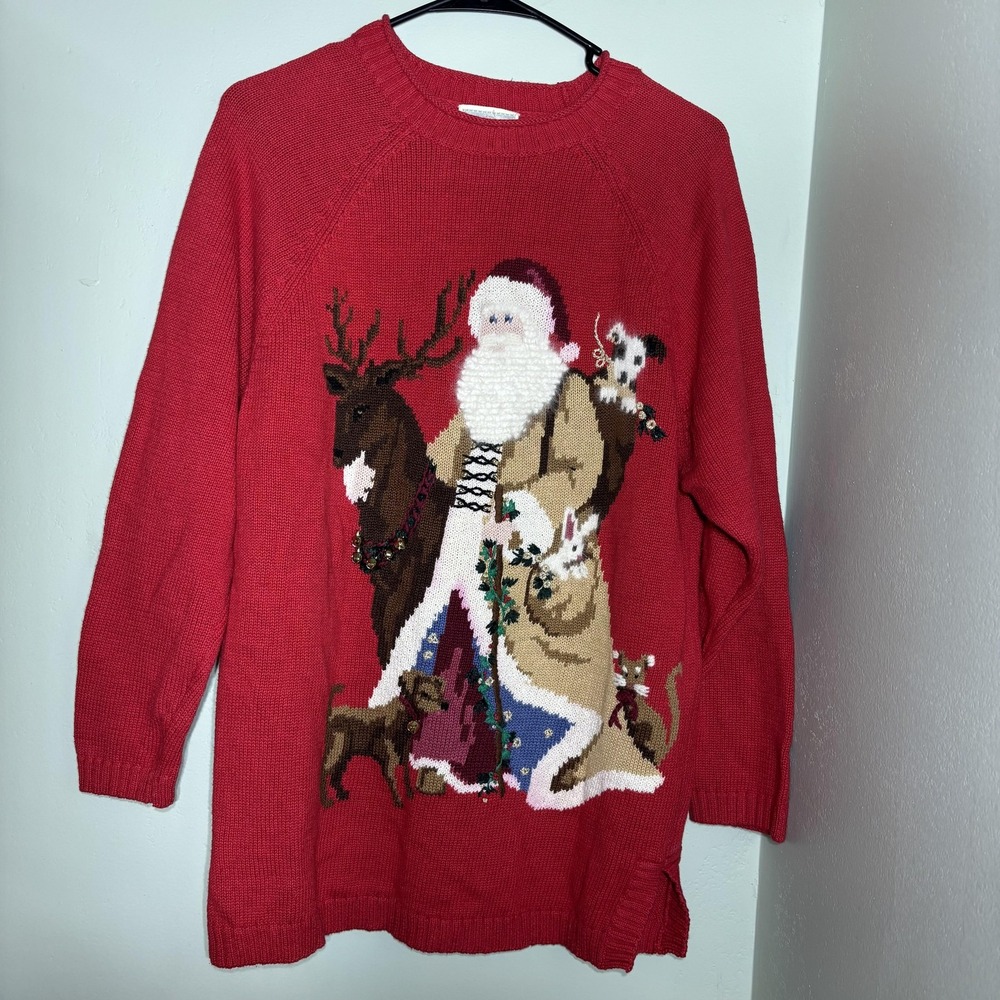 Vintage Susan Bristol Sweater Womens Small Red Santa Hand Embroidered Beaded 90s